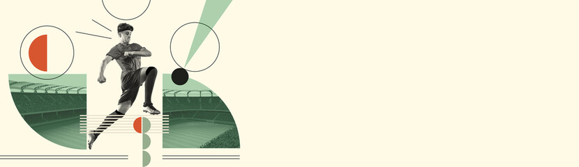 Banner. Athletic man, soccer player running on abstract stadium and kicks ball ta make goal against...