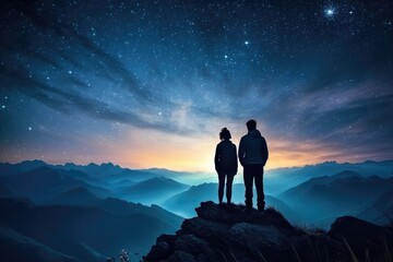 Silhouette of couple standing on top of mountain and looking at night sky, Silhouette of a young couple of hikers standing at the top of the mountain, gazing at the stars and Milky, AI Generated