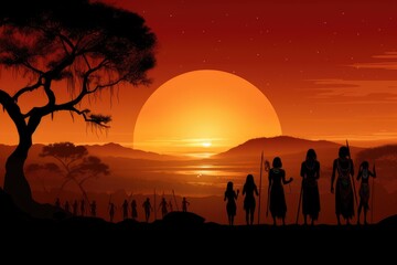 Silhouette of ancient people in the savannah at sunset illustration, Silhouettes of African aborigines at sunset, with female tribe members in a desert landscape, AI Generated