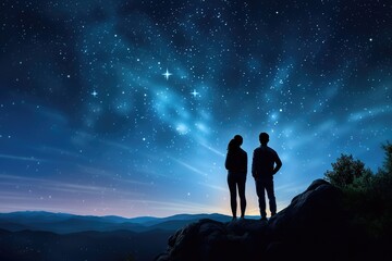 Couple standing on the top of a mountain and watching the starry sky, Silhouette of a young couple of hikers standing at the top of the mountain, gazing at the stars and Milky, AI Generated