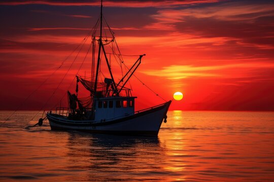Fishing boat at sunset in the sea. 3d render, Silhouette of a deep-sea fishing boat during sunset, AI Generated