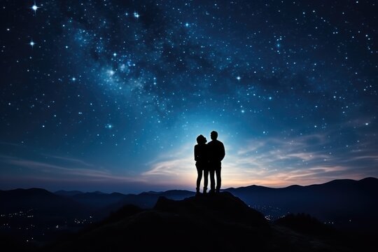 Man and woman standing on top of the mountain and looking at the starry sky, Silhouette of a young couple of hikers standing at the top of the mountain, gazing at the stars, AI Generated