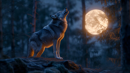 Wolf howling to the moon, illustrative colorfully poster, aurora on the sky, pack of wolves running in the woods,  wolf howling in front of full moon background, close up. Generative AI  - obrazy, fototapety, plakaty