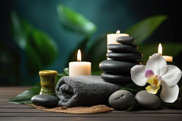 Fototapeta na wymiar Spa stones with orchid flower on wooden table against dark background, Spa concept - Massage stones with towels and candles in a natural background, AI Generated