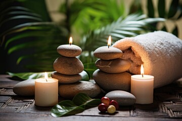 Fototapeta na wymiar Spa stones and candles on wooden table on natural background. Zen concept, Spa concept - Massage stones with towels and candles in a natural background, AI Generated