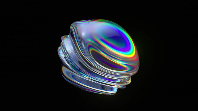 3D animation of abstract art with a surreal glass sphere or ball in the process of deformation transformation with the effect of a prism of the dispersion on an isolated black background