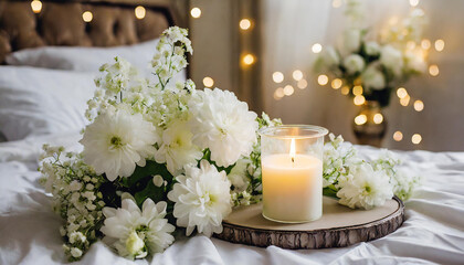 Obraz na płótnie Canvas Soft Candle Glow on Bed with Fresh White Flowers