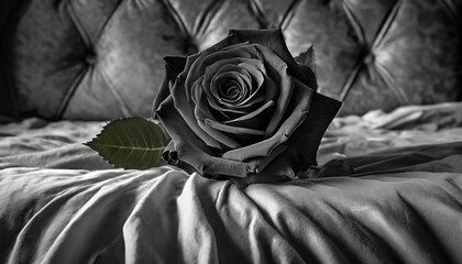 Sombre Elegance of a Black Rose on a Monochrome Bedspread - obrazy, fototapety, plakaty