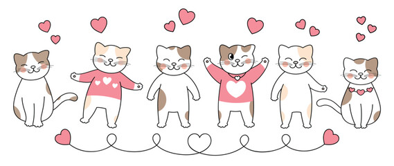 Cute cats in valentine day lovely pet vector. Collection of cats with little heart. Adorable animal characters for clipart, decoration, prints, cover, greeting card, sticker, banner.