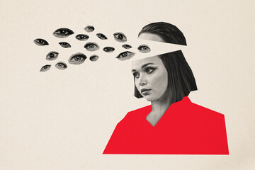 Creative collage photo image young upset woman face fragments eyes divided head espionage spy...