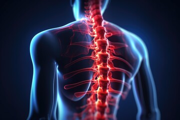 X-Ray image of human body with highlighted spine against blue background, Spine injury pain in sacral and cervical region concept, 3D render, AI Generated