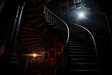 Staircase in a dark room at night with lights and smoke, Spiral staircase in darkness, AI Generated