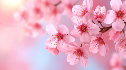 Obraz premium wallpaper of Bloom pink cherry blossoms branch, spring banner with empty copy space