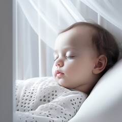 Portrait of a one month old baby sleeping in white tones scene. Newborn baby sleeping in a crib with eyes closed with bright light.