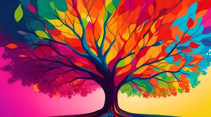 Fototapeten Autumn tree with colorful leaves on colorful background illustration © Peerawat