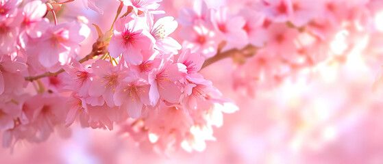 wallpaper of Bloom pink cherry blossoms branch, spring banner with empty copy space