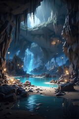 Illuminated cave, otherworldly, bioluminescence, pandora style
