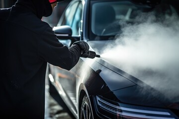 Car wash. A man in a black coat washes a car with a high pressure water jet, Steam cleaning the car air system, AI Generated - obrazy, fototapety, plakaty