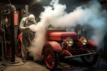 A man washes a car at night with a steam gun, Steam cleaning the car air system, AI Generated - obrazy, fototapety, plakaty