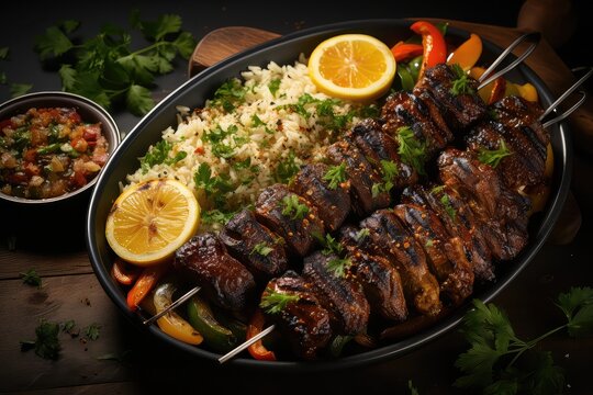 Top view of delicious Arabic fast-food kebabs. Tasty and ready to enjoy