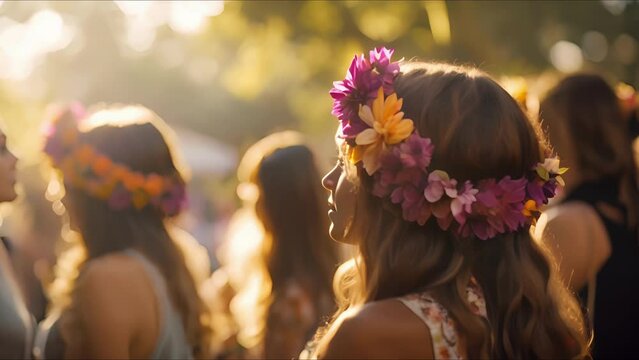 Closeup of a group of festivalgoers wearing flower crowns, a popular fashion trend often seen at outdoor music events.
