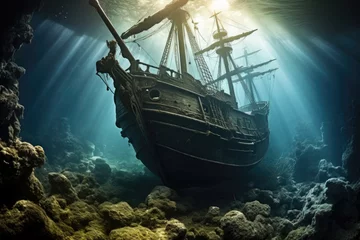  Sunken ship in the sea. Underwater world. 3d rendering, Sunken tall ship, AI Generated © Ifti Digital