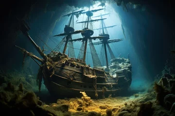 Zelfklevend Fotobehang Pirate ship in the ocean. Fantasy illustration. Digital painting, Sunken tall ship, AI Generated © Ifti Digital
