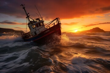 Fishing boat in the sea at sunset. Tenerife, Canary Islands, Spain, Sunset shot of a small fishing boat in rough tide, AI Generated