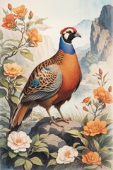A watercolor painting of an pheasant in the style of Ancient Chinese painting