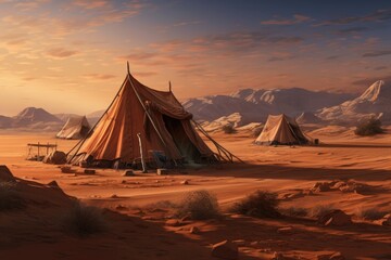 A large group of tents set up in the sandy desert with majestic mountains towering in the distance, Tent encampment in a desert environment, AI Generated - obrazy, fototapety, plakaty