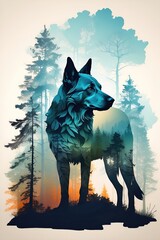 silhouette of Nordic Wolf fill with forest double exposure, digital art/illustration