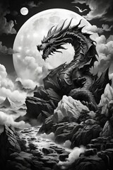 Digital art/illustration of a dragon black moon and white mountain 