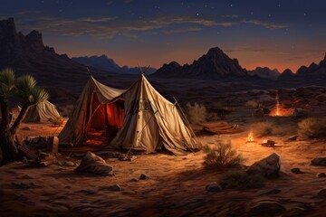 A stunning painting capturing the beauty of a lone tent under the vast desert sky, Tent encampment in a desert environment, AI Generated - obrazy, fototapety, plakaty