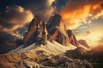 Witness the awe-inspiring beauty of a mountain range bathed in the warm hues of a stunning sunset, The famous Italian National Park Tre Cime di Lavaredo, Dolomites, South Tyrol, Auronzo, AI Generated - obrazy, fototapety, plakaty