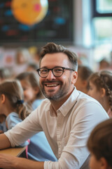 Obraz premium Happy male elementary school teacher. Students are in classroom behind him in a blurry background. Fun and enjoyable learning, love for education concept.