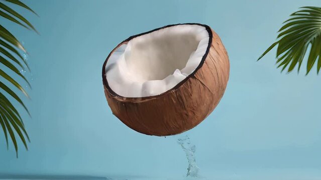 Animation of Depict a tropical wave of coconut water with coconut pieces suspended in mid-air. ai generative