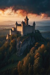 Fototapeta premium castle on top of a mountain at sunset