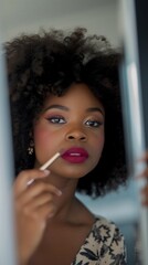 Portrait of a black female looking in the mirror doing her make-up, generative AI, background image