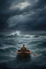 a man/person in a boat in a storm on the ocean