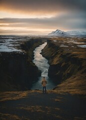 an icelandic man, standing at the edge of a clip, looking out, medium-full shot, stunning details