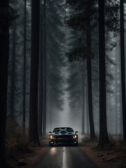 a black Challenger SRT® Hellcat Redeye car with lots of steam in little dark setting with foggy weather in the forest with dead trees