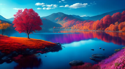 Colorful autumn landscape with lake and mountains. Colorful autumn background