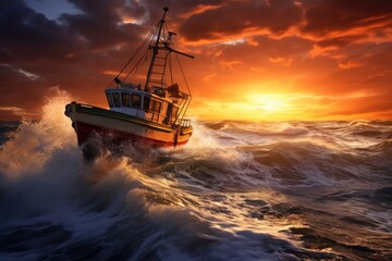 Fishing boat in the waves at sunset. The concept of fishing, Sunset shot of a small fishing boat in rough tide, AI Generated