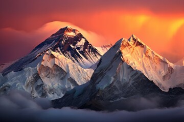 A majestic snow-covered mountain stands tall beneath a dramatic cloudy sky, Twilight sky over Mount Everest, Nuptse, Lhotse, and Makalu in the Nepal Himalaya, AI Generated