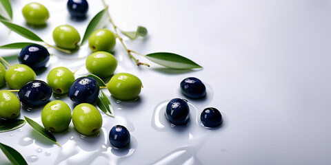 Galhos de oliva verde e roxa sobre superfície branca com gotas e reflexos de água. Ingrediente de azeite de oliva. - obrazy, fototapety, plakaty