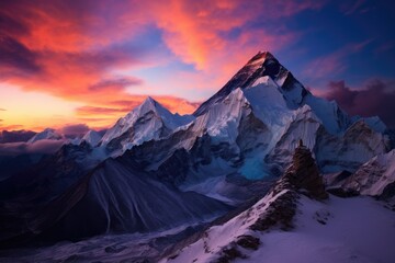 Majestic Snow Covered Mountain Beneath Vivid Sky, Twilight sky over Mount Everest, Nuptse, Lhotse, and Makalu in the Nepal Himalaya, AI Generated
