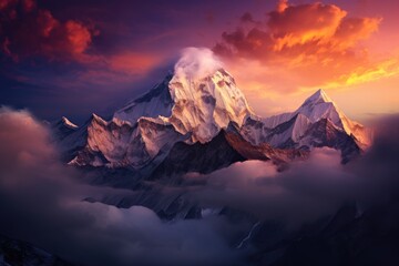 A mountain peak covered in thick clouds under a stormy and overcast sky, Twilight sky over Mount Everest, Nuptse, Lhotse, and Makalu in the Nepal Himalaya, AI Generated