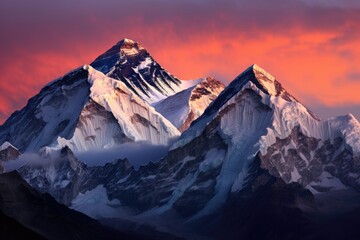 A stunning snow covered mountain with a mesmerizing pink sky in the background, Twilight sky over Mount Everest, Nuptse, Lhotse, and Makalu in the Nepal Himalaya, AI Generated