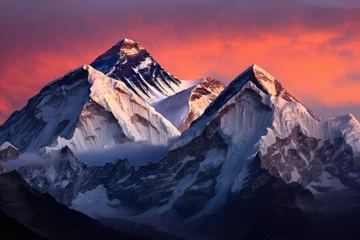 Fototapete Makalu A stunning snow covered mountain with a mesmerizing pink sky in the background, Twilight sky over Mount Everest, Nuptse, Lhotse, and Makalu in the Nepal Himalaya, AI Generated