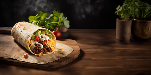 Burrito de carne servido em uma tábua de corte e sobre mesa de madeira. Burrito de carne, batata palha, cheiro verde e tomate.